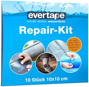 Evertape Repair Kit, Reparaturset, wasserdicht, Set zum Abdichten und Reparieren - auch auf nasser Fläche und unter Wasser verwendbar (10 x Tape 10 cm x 10 cm) transparent 