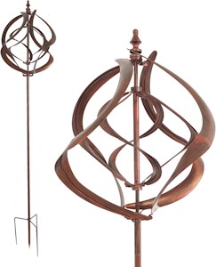 großes Windspiel aus Metall mit gegenläufigen Rotoren, Gartendeko in 3 Höhen aufbaubar, Gartenstecker 213 cm hoch, Windmühle in Kupferoptik, Windskulptur mit Charme 