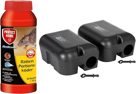 Köder-Discount Sparset Rattenbekämpfung - 2 Köderboxen Plus 500g Rodicum Rattengift zum Auslegen. Rattenköderstation Rattenbekämpfung Giftköder für Haus, Garten, Industrie