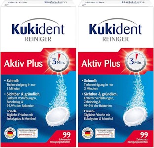 Kukident Aktiv Plus Reinigungstabletten - Tabs zur Reinigung von Zahnersatz, Zahnprothese & Gebiss - 2 x 99 Tabletten