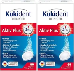 Kukident Aktiv Plus Reinigungstabletten - Tabs zur Reinigung von Zahnersatz, Zahnprothese & Gebiss - 2 x 99 Tabletten