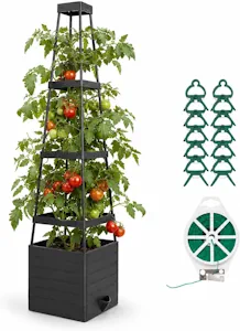 Tomatentopf mit Rankhilfe 145 cm, Pflanzkübel mit Rankgitter und Selbstbewässerung, Hochbeet für Tomaten, Gurken und Kletterpflanzen, Outdoor für Balkon Garten