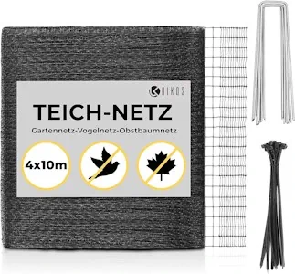 UIKOS Vogelschutznetz engmaschig I 10x4m I Inkl. Kabelbinder & Erdhaken I Teichnetz feinmaschig I Schwarz I 12x12mm Maschenweite I Laubnetz Teich I Obstbaumnet